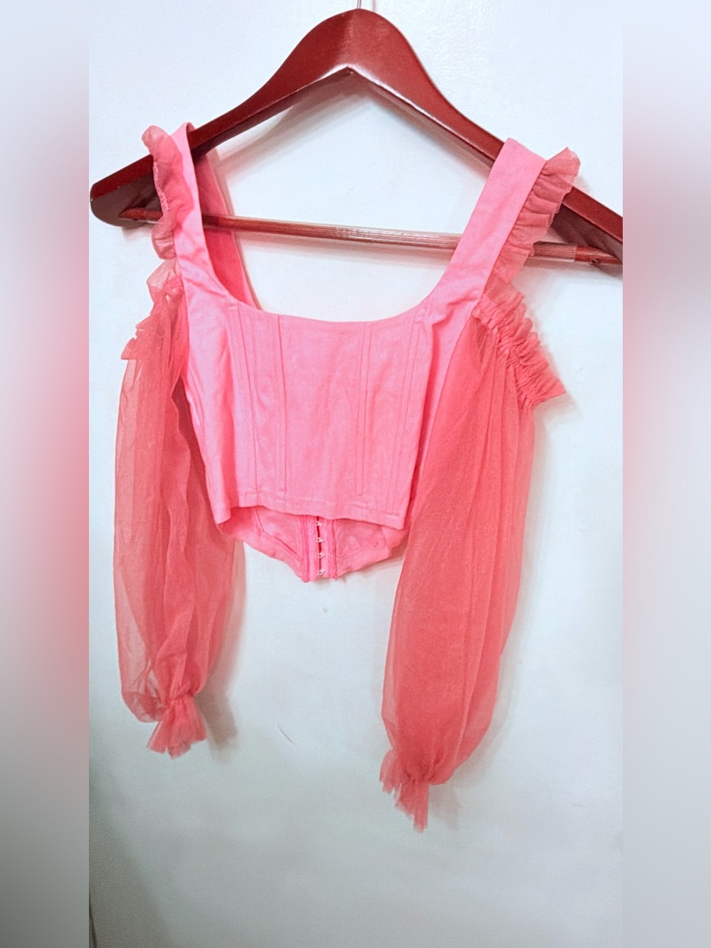 Fashion Nova Coral Pink Corset Crop Top with Sheer Bishop Sleeves